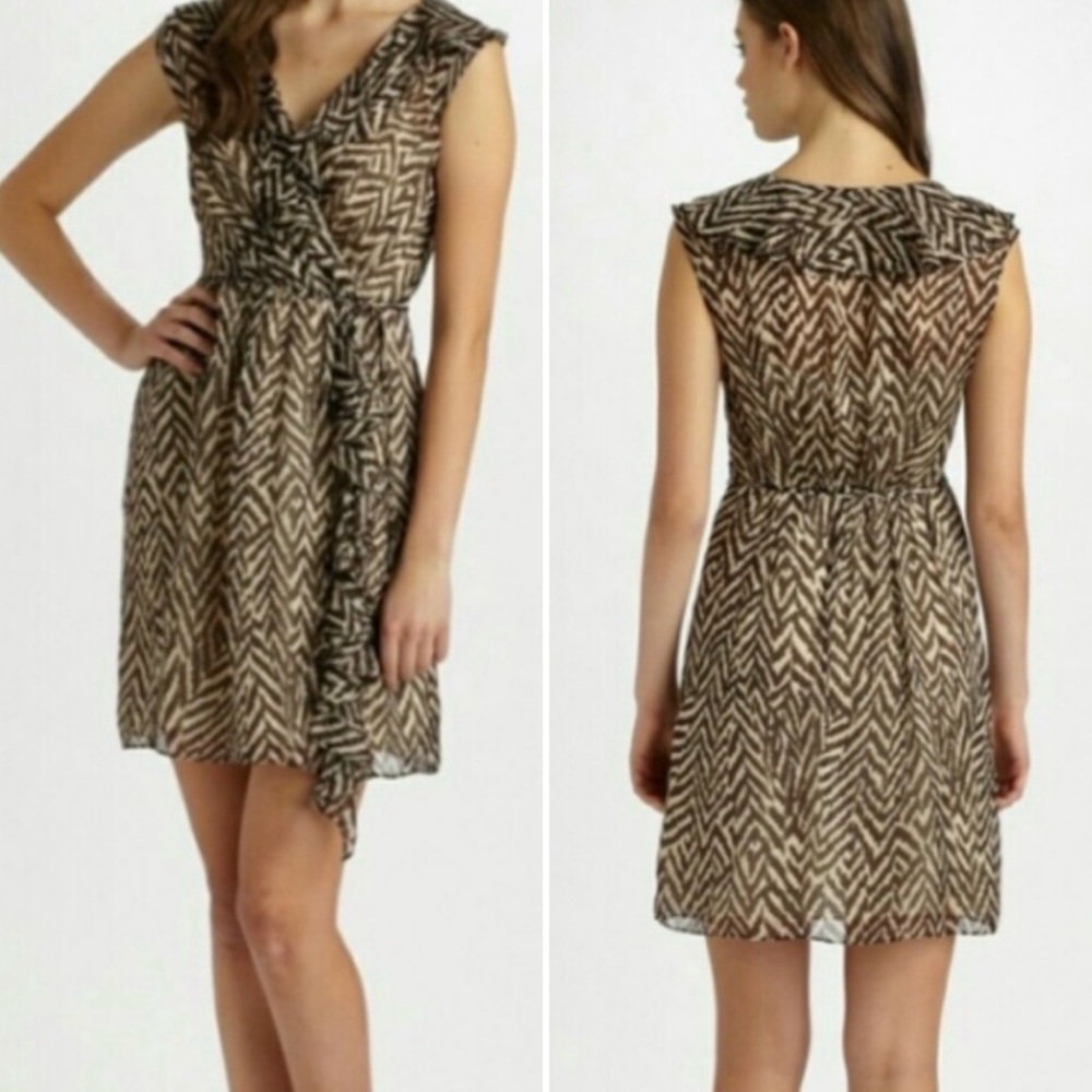 Milly silk zebra dress womens 8 faux wrap ruffle front mini sleeveless brown tan